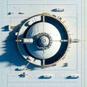 A Large, Futuristic Space Station Is Depicted In A Blue And White Color Scheme