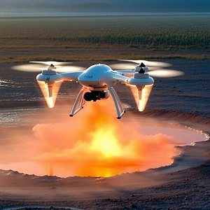 A White Helicopter Flying Over A Field, With A Large Fireball Or Explosion Below It