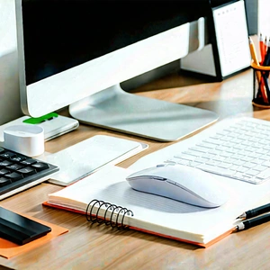 Business Macro Photography: Workplace With Productivity Tools On Desk With Wooden Desk