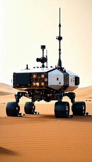 A Large Robotic Vehicle Is Sitting On A Sandy Surface, Possibly In A Desert