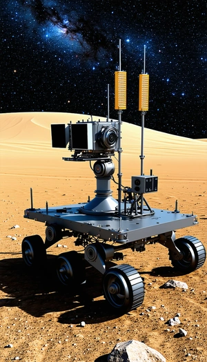 A Large Robotic Vehicle With A Camera On Its Front, Sitting On A Dirt Surface
