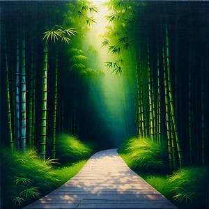 Nature Oil Painting: Path Through Bamboo Grove With Serene Forest