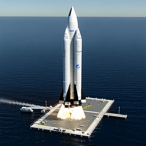 A Large Rocket Is Being Launched From A Platform In The Ocean