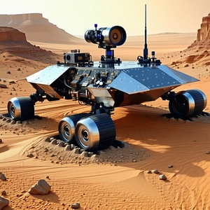 A Large, Silver, Four-wheeled Vehicle, Possibly A Rover, Parked In A Desert-like Environment