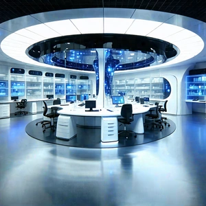 Tech Tilt-shift Photography: (futuristic:1.37) Research Laboratory With Large, Modern,
