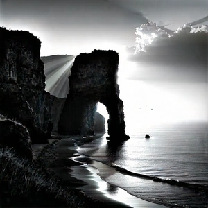 Nature Charcoal Drawing: Coastal Cliff During (sunset:1.37) With Black White