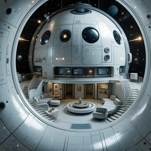 The Image Is A Futuristic Space Station With A Large White Dome At The Center