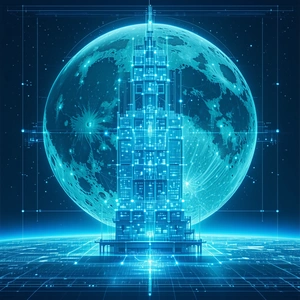 A Futuristic Cityscape With A Large, Tall Building Towering Over The Surrounding Area
