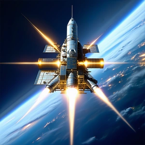 A Space Shuttle Is Flying Through The Sky, With Its Engines On