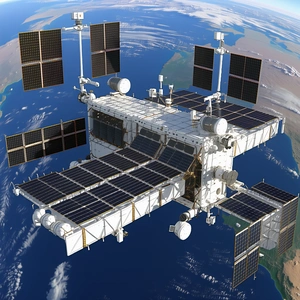 A Large White Spacecraft Is Flying Through The Sky, With A Blue And White Earth Visible Below