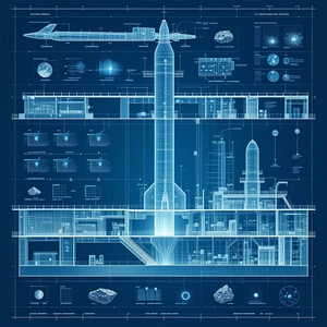 The Image Is A Blueprint Of A Space Station, Featuring A Large Rocket Ship As The Central Focus