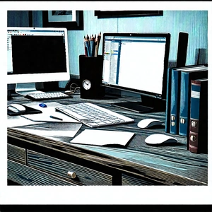 Business Woodcut Print: Workplace With Digital Devices On Desk With Wooden Desk