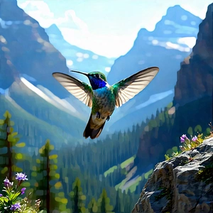 Nature Matte Painting: Hummingbird In Mountain Terrain With Blue Green