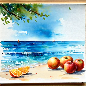 Lifestyle Watercolor Painting: Summer Picnic During Holiday Season With Beautiful Beach