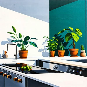 Lifestyle Gouache Painting: (modern:1.11) Kitchen With Plants And Natural Elements With Kitchen White