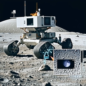 A White Robotic Vehicle, Possibly A Rover, Parked On The Surface Of A Moon