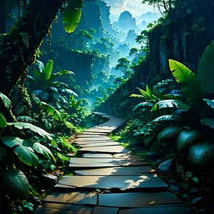 Nature Concept Art: Path Through Tropical Jungle With Pathway Carved