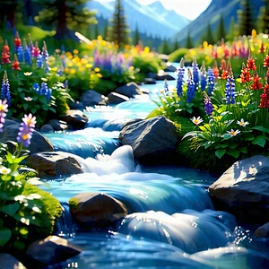 Nature Cinema 4d: Mountain Stream Surrounded By Wildflowers With Beautiful Waterfall