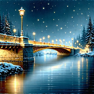 Urban Woodcut Print: Iconic bridge with (snow:1.14) covering