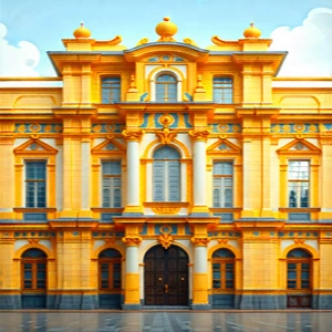 Urban Tilt-shift Photography: Historic Building With Artistic Facade With Large, Yellow