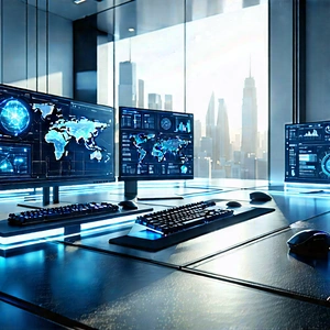 Futuristic (digital:1.12) Workspace With Image, There