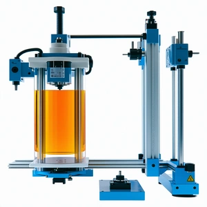 A Blue Machine With A Clear Glass Container On Top Of It