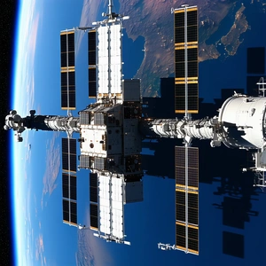 A Space Station With A Large, White, And Blue Structure