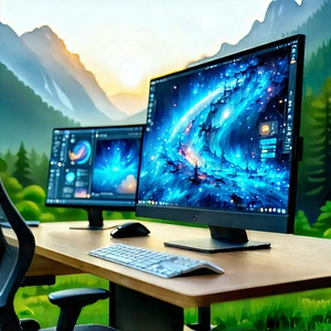 Futuristic Digital Workspace With Wooden Desk