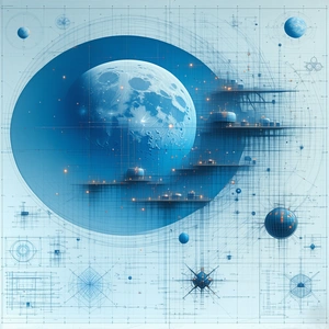 A Blue And White Drawing Of A Moon And A Space Station Is Displayed
