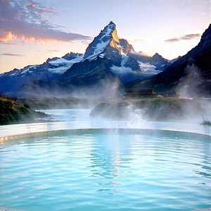 Nature Pastel Drawing: Hot Spring Surrounded By (mountain:1.29) Peaks With Large, Blue