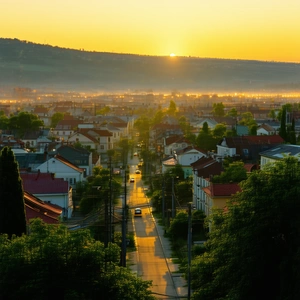 Urban Cinema 4d: Cityscape Of Small Town During Sunrise With Captures Beautiful