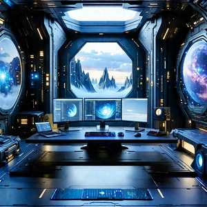 (futuristic:1.37) Digital Workspace With Futuristic Setting,