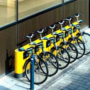 Urban Aerial Photography: (city:1.43) bicycle sharing in arts district