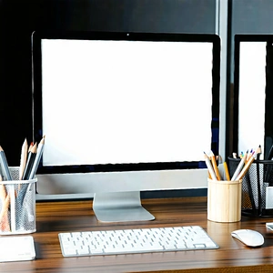 Business Matte Painting: Workplace With (modern:1.24) Office Supplies On Desk With Wooden Desk