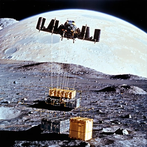 A Space Shuttle Flying Over A Moon, With A Large Satellite In The Foreground