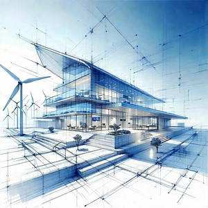 Tech Pencil Sketch: Innovative Renewable Energy (design:1.2) With Blue White
