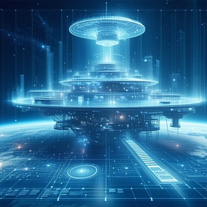 The Image Is A Futuristic Cityscape With A Large, Circular Building At Its Center