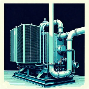 Tech Woodcut Print: Close-up Of Cooling System With Blue White