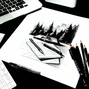 Business Charcoal Drawing: Workplace With Productivity Tools On Desk With Laptop Computer