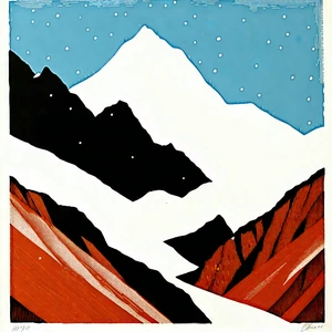 Nature Linocut Print: Glacier In Winter (snow:1.29) With Large Mountain