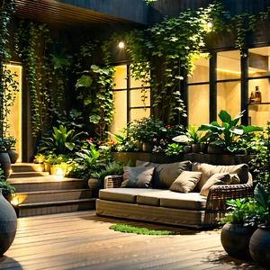 Lifestyle Long Exposure Photography: Balcony Garden With Warm Lighting With Large, Well-lit