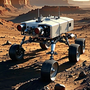 A Futuristic Vehicle Is Parked On A Rocky Terrain, With A Red Light On The Front