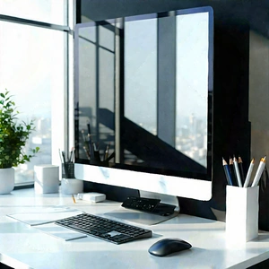 Business Geometric Design: Workplace With (digital:1.3) Devices On Desk With Large Computer