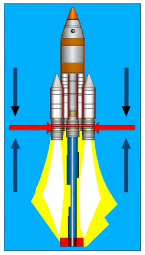 A Rocket Is Shown In A Blue Background, With A Yellow Line Going Through It