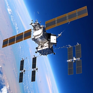 A Space Shuttle With A Large Satellite Dish On Its Back, Flying Through The Sky