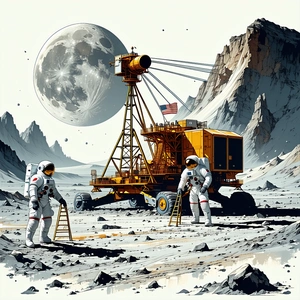 In The Image, There Are Two Astronauts Standing On The Moon, Working On A Large Yellow Machine