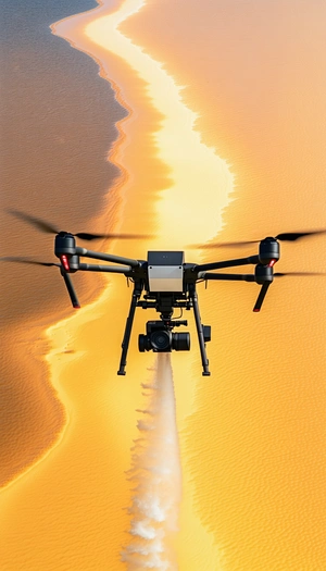 A Black And White Drone Is Flying Over A Desert Landscape
