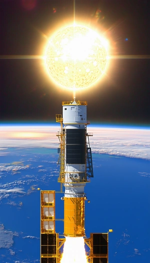 A Large Satellite Dish On Top Of A Tower, With A Sun Shining Brightly In The Sky