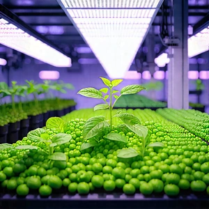 Agricultural Technology In Manufacturing Facility With Greenhouse Filled