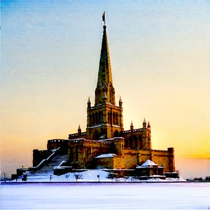 Urban Watercolor Painting: Historic Monument With (snow:1.18) Covering With Large, Church